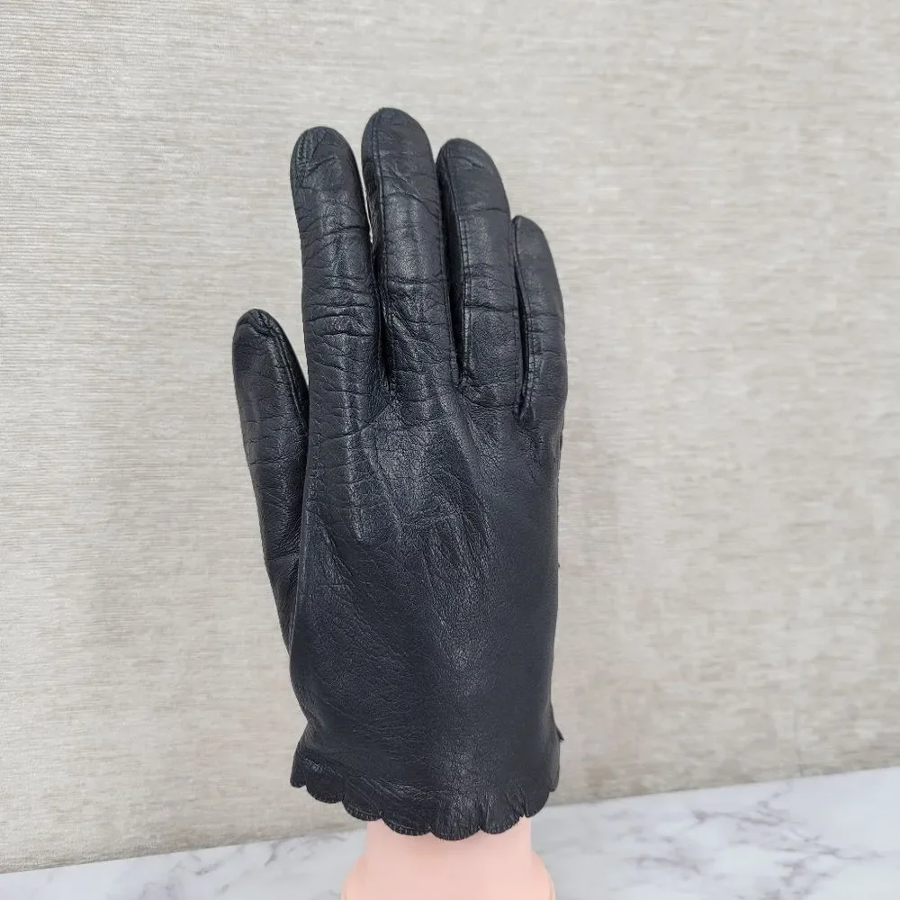 Vintage Italian Short Black Leather Gloves with Scalloped Cuff Dress Driving